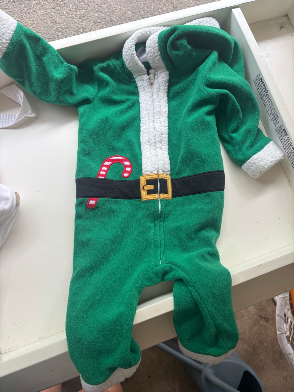 Carter's Green Elf Fleece Romper with Candy Cane and Belt